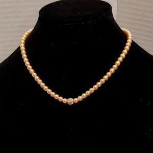 Choker of Beige Faux Pearls with Center Faceted Rhinestone Ball